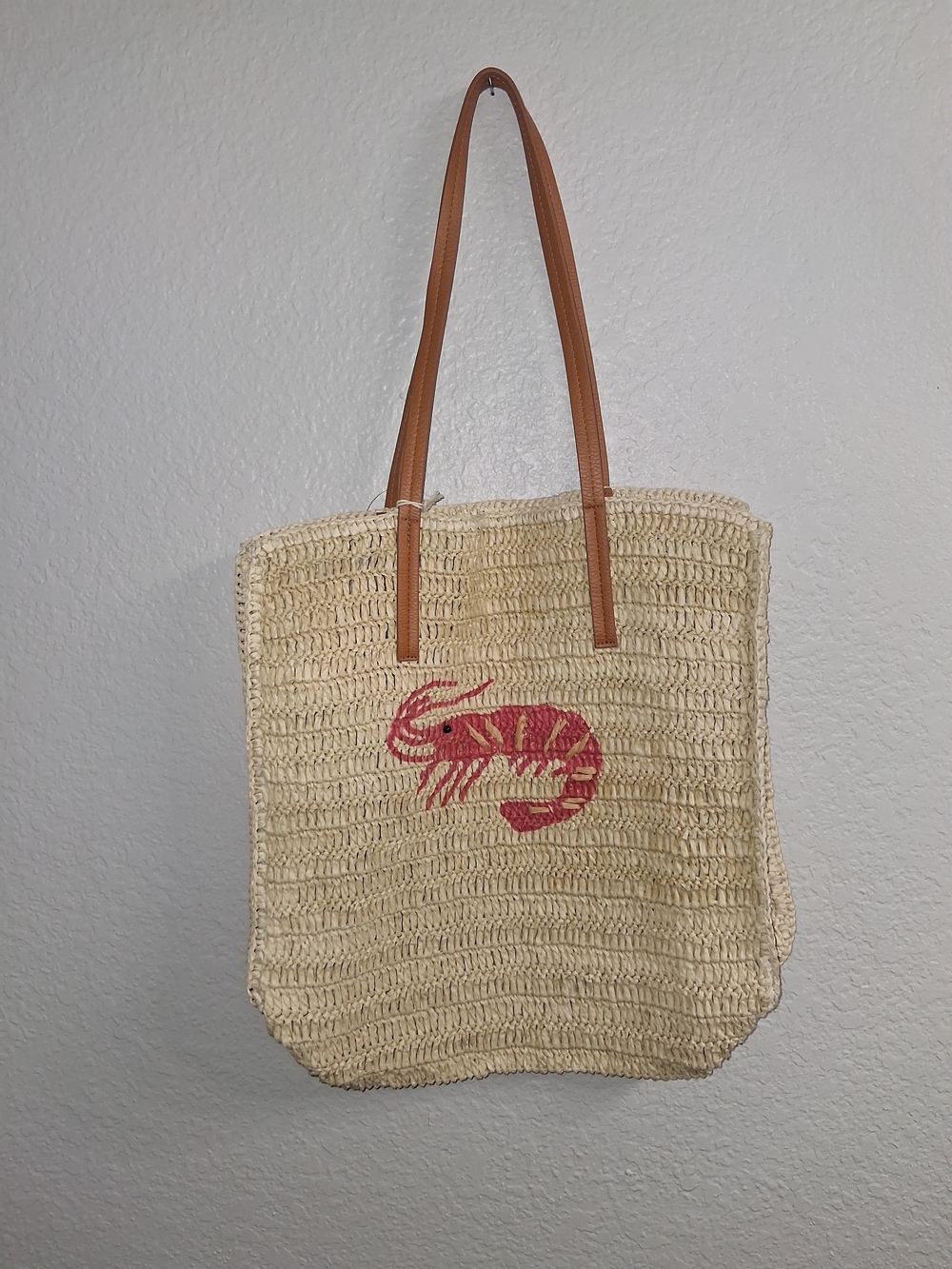 Universal Threads Cream Straw Tote with Red Shrimp Accent and Tan Handles